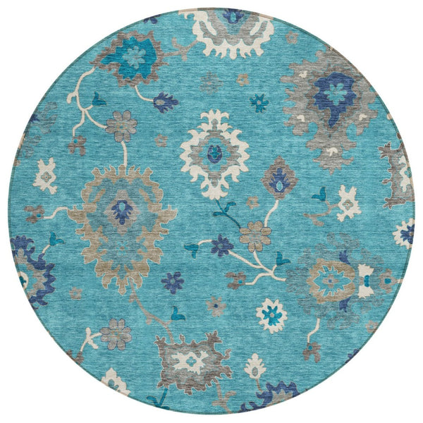 HomeRoots 5' Elegant Teal Blue Floral Area Rug - Washable, Durable Design for Indoor & Outdoor Living Spaces 8' Round 585030