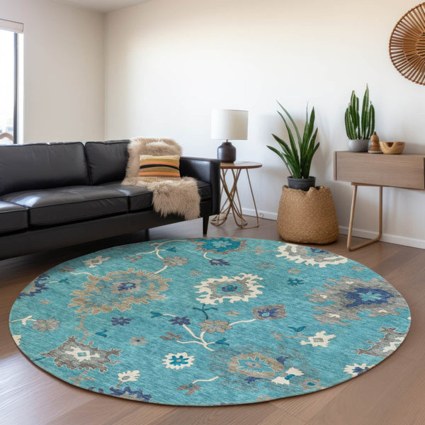Homeroots 3' Artichoke Green Floral Washable Area Rug – Perfect For Indoor Or Outdoor Spaces, Durable & Stylish 8' Round Polyester 585030