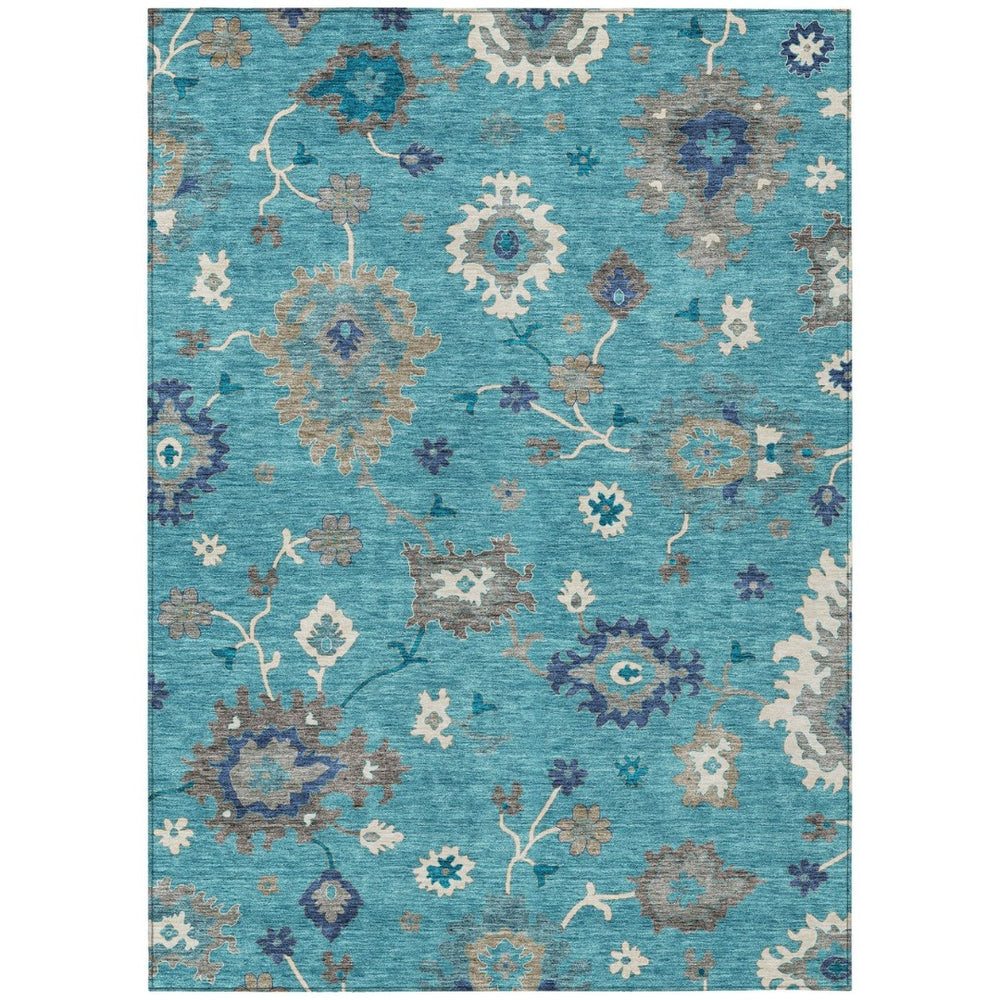 HomeRoots 5' Elegant Teal Blue Floral Area Rug - Washable, Durable Design for Indoor & Outdoor Living Spaces 8' X 10' 585031