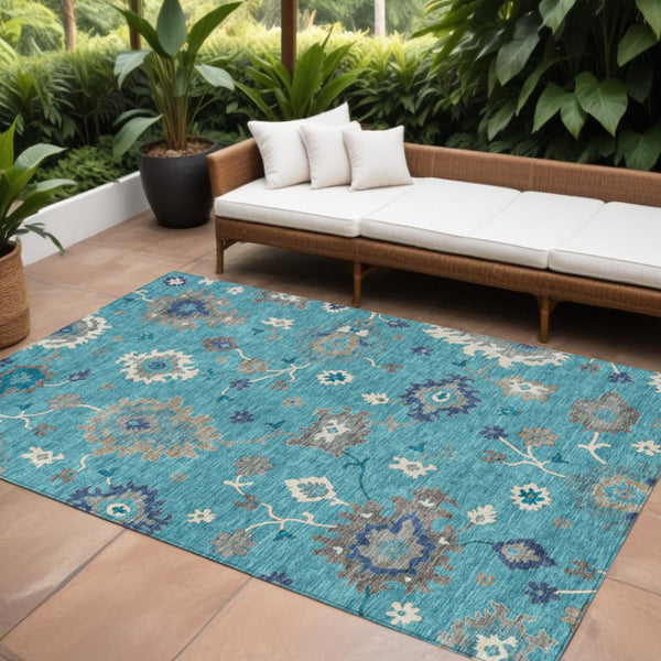 HomeRoots 9' Teal Blue, Silver & Gray Floral Washable Area Rug for Indoor and Outdoor Use – Durable & Stylish 9' X 12' 585032