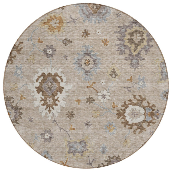 HomeRoots 5' Floral Elegance Area Rug - Durable, Washable, Indoor/Outdoor Design in Taupe, Silver & Gray 8' Round 585036