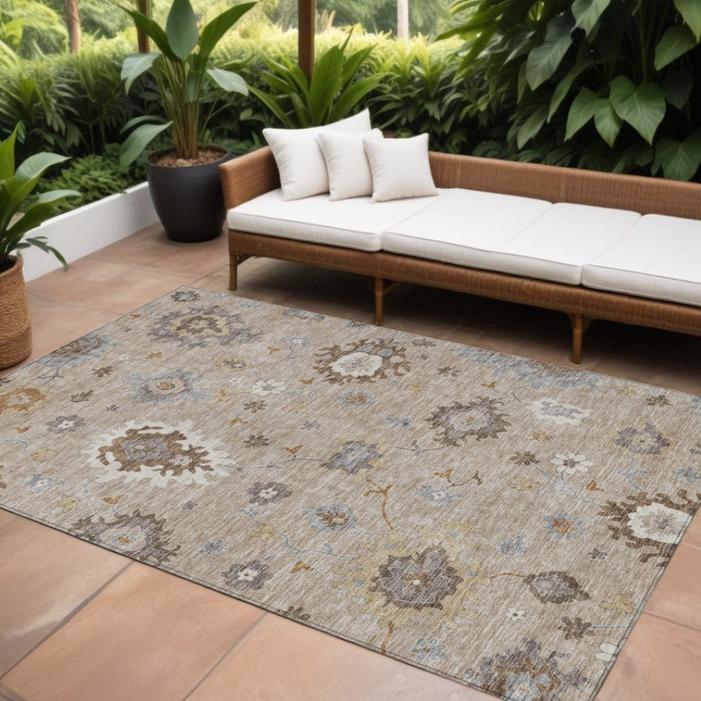 HomeRoots 5' Floral Elegance Area Rug - Durable, Washable, Indoor/Outdoor Design in Taupe, Silver & Gray 8' X 10' 585037