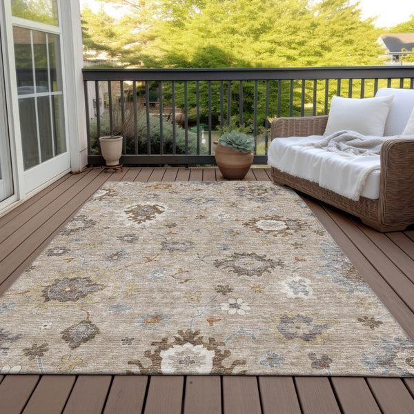 HomeRoots 5' Floral Elegance Area Rug - Durable, Washable, Indoor/Outdoor Design in Taupe, Silver & Gray 10' X 14' 585039