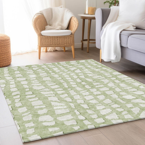 Homeroots 3' Artichoke Green And Ivory Abstract Washable Indoor Outdoor Area Rug For Stylish Spaces 9' X 12' Polyester 585044