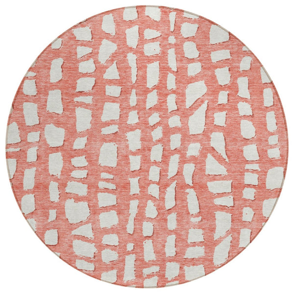 HomeRoots 5' Salmon and Ivory Abstract Area Rug - Stylish, Washable, Stain-Resistant for Indoor & Outdoor Use 8' Round 585096
