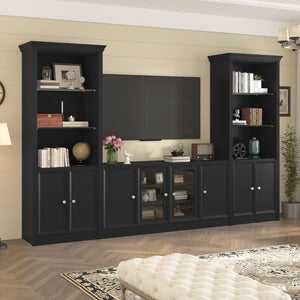 English Elm U-can Three Piece Wall Unit Built-in Media Center with Crown Molding and Tempered Glass Storage Black SJ000156AAB