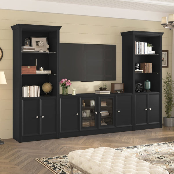 English Elm U-can Three Piece Wall Unit Built-in Media Center with Crown Molding and Tempered Glass Storage Black SJ000156AAB