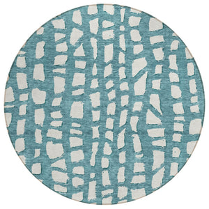 HomeRoots 5' Teal Blue and Ivory Abstract Area Rug - Washable, Stain-Resistant for Indoor and Outdoor Use 8' Round 585108