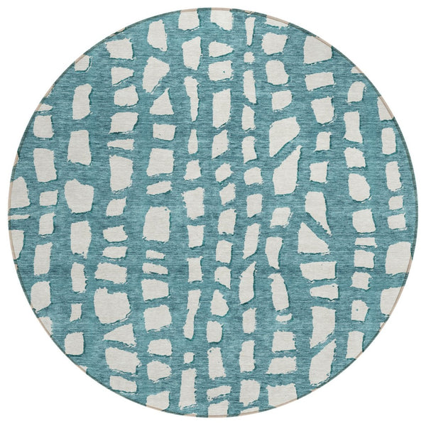 HomeRoots 5' Teal Blue and Ivory Abstract Area Rug - Washable, Stain-Resistant for Indoor and Outdoor Use 8' Round 585108