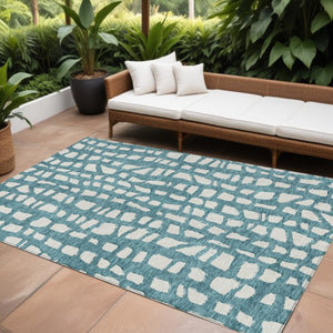 HomeRoots 5' Teal Blue and Ivory Abstract Area Rug - Washable, Stain-Resistant for Indoor and Outdoor Use 8' X 10' 585109