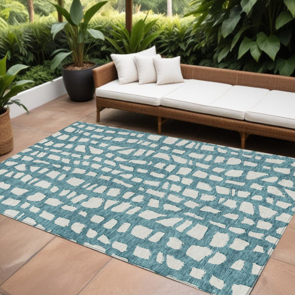HomeRoots 5' Teal Blue and Ivory Abstract Area Rug - Washable, Stain-Resistant for Indoor and Outdoor Use 8' X 10' 585109