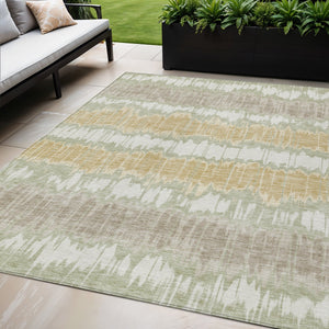 Homeroots 3' Artichoke Green And Ivory Striped Washable Area Rug - Perfect For Indoor And Outdoor Spaces! 5' X 8' Polyester 585113