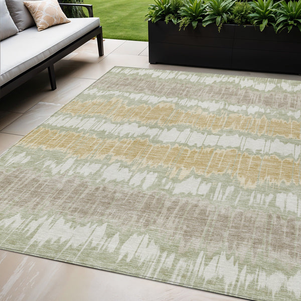 Homeroots 3' Artichoke Green And Ivory Striped Washable Area Rug - Perfect For Indoor And Outdoor Spaces! 5' X 8' Polyester 585113