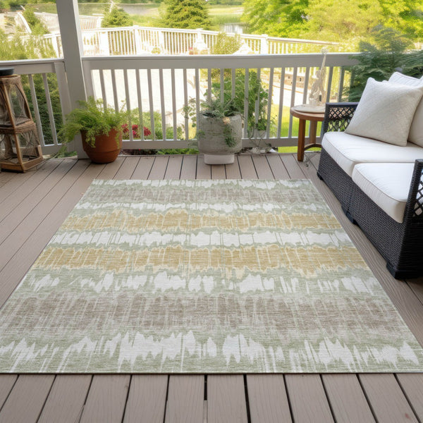 Homeroots 3' Artichoke Green And Ivory Striped Washable Area Rug - Perfect For Indoor And Outdoor Spaces! 8' X 10' Polyester 585115