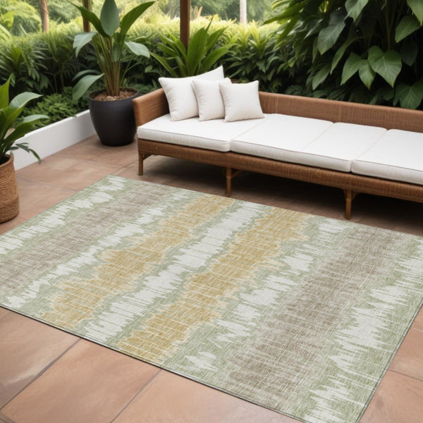 Homeroots 3' Artichoke Green And Ivory Striped Washable Area Rug - Perfect For Indoor And Outdoor Spaces! 9' X 12' Polyester 585116