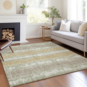 Homeroots 3' Artichoke Green And Ivory Striped Washable Area Rug - Perfect For Indoor And Outdoor Spaces! 9' X 12' Polyester 585116