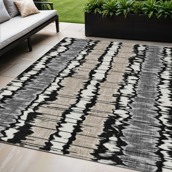 Homeroots 3' Artichoke Green And Ivory Striped Washable Area Rug - Perfect For Indoor And Outdoor Spaces! 5' X 8' Polyester 585119