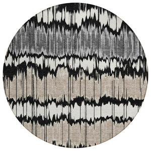 HomeRoots 5' Stylish Black, Silver, and Gray Striped Washable Area Rug for Indoor and Outdoor Durability 8' Round 585120