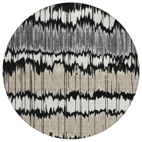 HomeRoots 5' Stylish Black, Silver, and Gray Striped Washable Area Rug for Indoor and Outdoor Durability 8' Round 585120