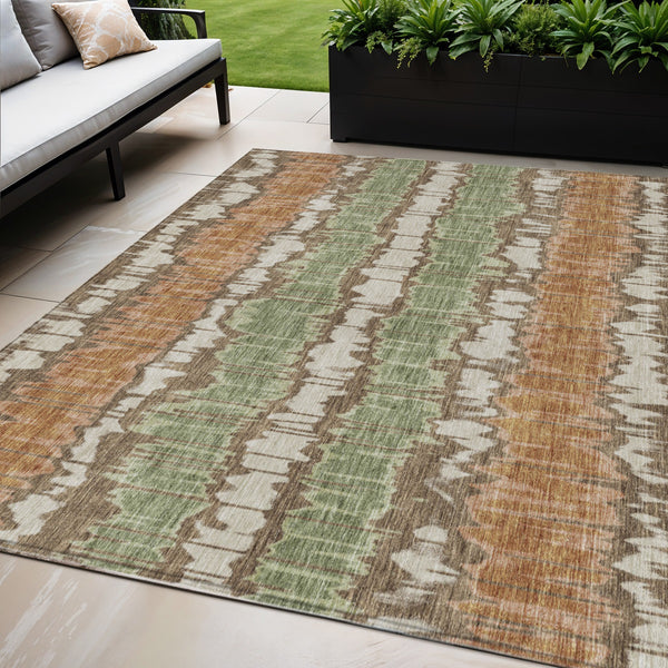 Homeroots 3' Artichoke Green And Ivory Striped Washable Area Rug - Perfect For Indoor And Outdoor Spaces! 5' X 8' Polyester 585125