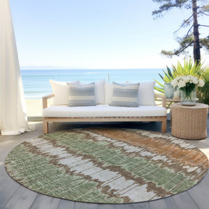 Homeroots 3' Artichoke Green And Ivory Striped Washable Area Rug - Perfect For Indoor And Outdoor Spaces! 8' Round Polyester 585126