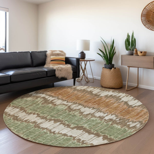 Homeroots 3' Artichoke Green And Ivory Striped Washable Area Rug - Perfect For Indoor And Outdoor Spaces! 8' Round Polyester 585126