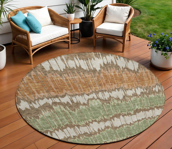 Homeroots 3' Artichoke Green And Ivory Striped Washable Area Rug - Perfect For Indoor And Outdoor Spaces! 8' Round Polyester 585126