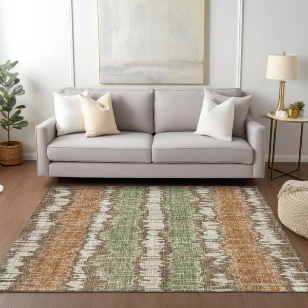 Homeroots 3' Artichoke Green And Ivory Striped Washable Area Rug - Perfect For Indoor And Outdoor Spaces! 8' X 10' Polyester 585127