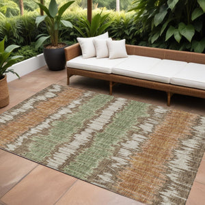 Homeroots 3' Artichoke Green And Ivory Striped Washable Area Rug - Perfect For Indoor And Outdoor Spaces! 9' X 12' Polyester 585128