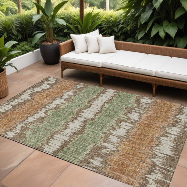 Homeroots 3' Artichoke Green And Ivory Striped Washable Area Rug - Perfect For Indoor And Outdoor Spaces! 9' X 12' Polyester 585128