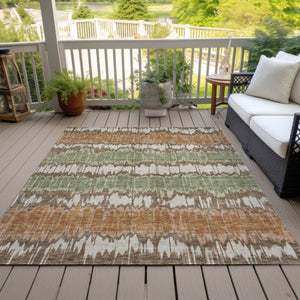 Homeroots 3' Artichoke Green And Ivory Striped Washable Area Rug - Perfect For Indoor And Outdoor Spaces! 9' X 12' Polyester 585128