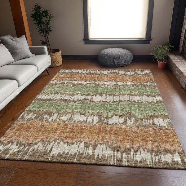 Homeroots 3' Artichoke Green And Ivory Striped Washable Area Rug - Perfect For Indoor And Outdoor Spaces! 10' X 14' Polyester 585129