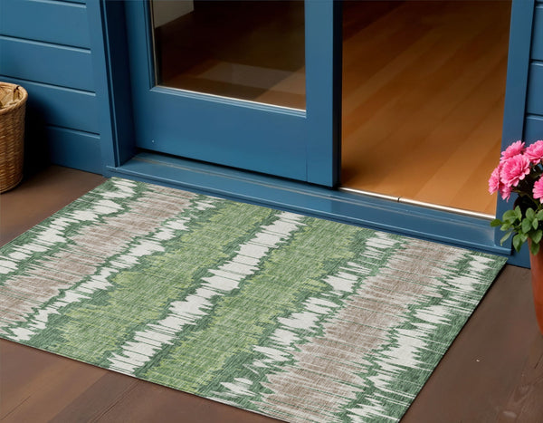 Homeroots 3' Artichoke Green And Ivory Striped Washable Area Rug - Perfect For Indoor And Outdoor Spaces! 3' X 5' Polyester 585136