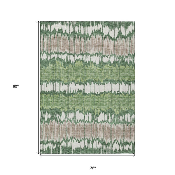 Homeroots 3' Artichoke Green And Ivory Striped Washable Area Rug - Perfect For Indoor And Outdoor Spaces! 3' X 5' Polyester 585136