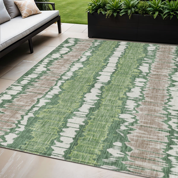 Homeroots 3' Artichoke Green And Ivory Striped Washable Area Rug - Perfect For Indoor And Outdoor Spaces! 5' X 8' Polyester 585137