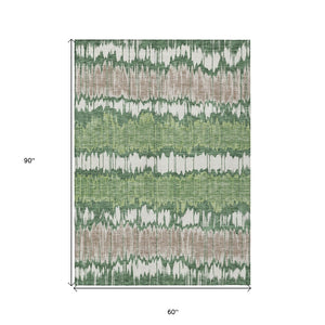 Homeroots 3' Artichoke Green And Ivory Striped Washable Area Rug - Perfect For Indoor And Outdoor Spaces! 5' X 8' Polyester 585137