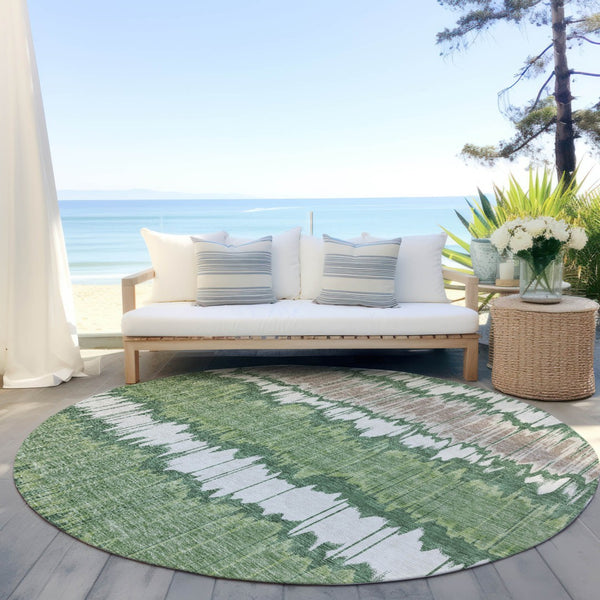 Homeroots 3' Artichoke Green And Ivory Striped Washable Area Rug - Perfect For Indoor And Outdoor Spaces! 8' Round Polyester 585138