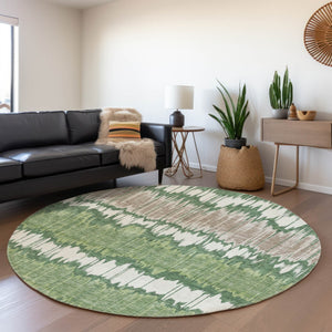 Homeroots 3' Artichoke Green And Ivory Striped Washable Area Rug - Perfect For Indoor And Outdoor Spaces! 8' Round Polyester 585138