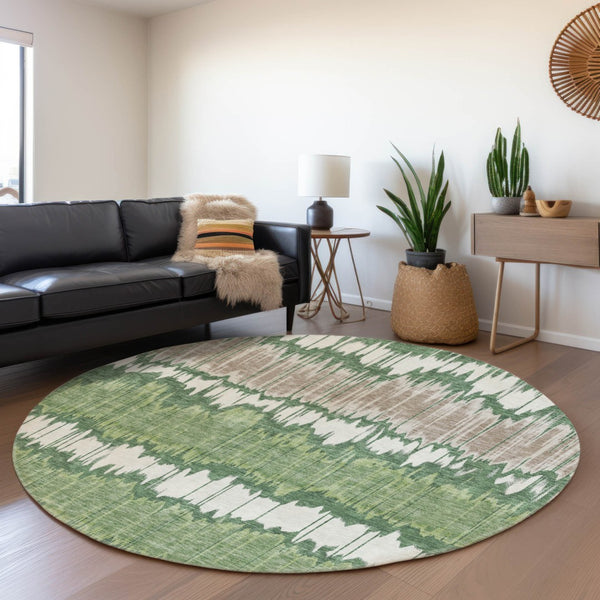Homeroots 3' Artichoke Green And Ivory Striped Washable Area Rug - Perfect For Indoor And Outdoor Spaces! 8' Round Polyester 585138