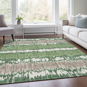 Homeroots 3' Artichoke Green And Ivory Striped Washable Area Rug - Perfect For Indoor And Outdoor Spaces! 8' X 10' Polyester 585139
