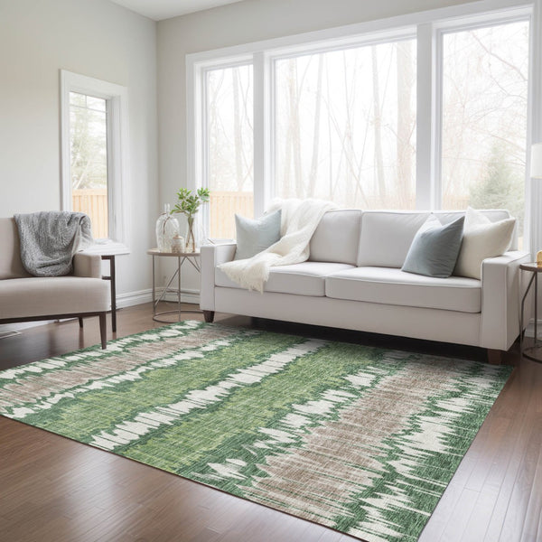 Homeroots 3' Artichoke Green And Ivory Striped Washable Area Rug - Perfect For Indoor And Outdoor Spaces! 9' X 12' Polyester 585140