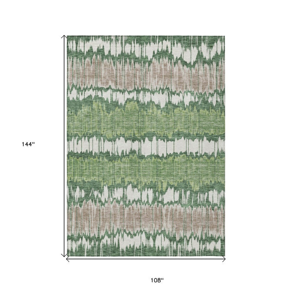 Homeroots 3' Artichoke Green And Ivory Striped Washable Area Rug - Perfect For Indoor And Outdoor Spaces! 9' X 12' Polyester 585140