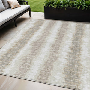 Homeroots 3' Artichoke Green And Ivory Striped Washable Area Rug - Perfect For Indoor And Outdoor Spaces! 5' X 8' Polyester 585143