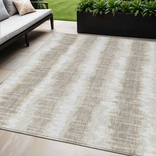 Homeroots 3' Artichoke Green And Ivory Striped Washable Area Rug - Perfect For Indoor And Outdoor Spaces! 5' X 8' Polyester 585143