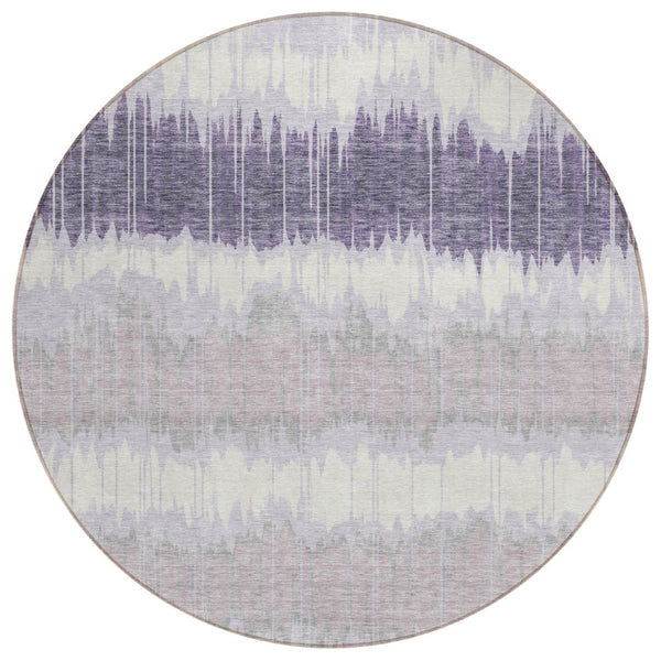 HomeRoots 5' Striped Lavender Purple and Ivory Washable Area Rug for Indoor and Outdoor Living Spaces 8' Round 585150