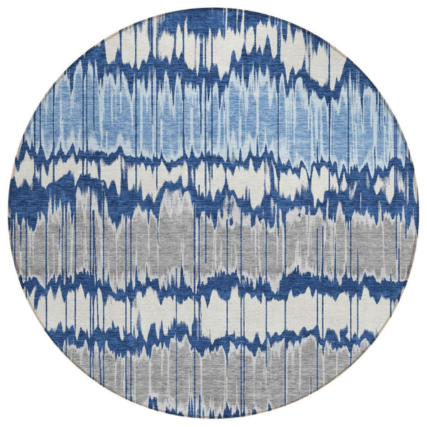 HomeRoots 5' Navy Blue Ivory Denim Striped Area Rug for Indoor & Outdoor Use – Durable, Washable, Versatile Decor 8' Round 585156
