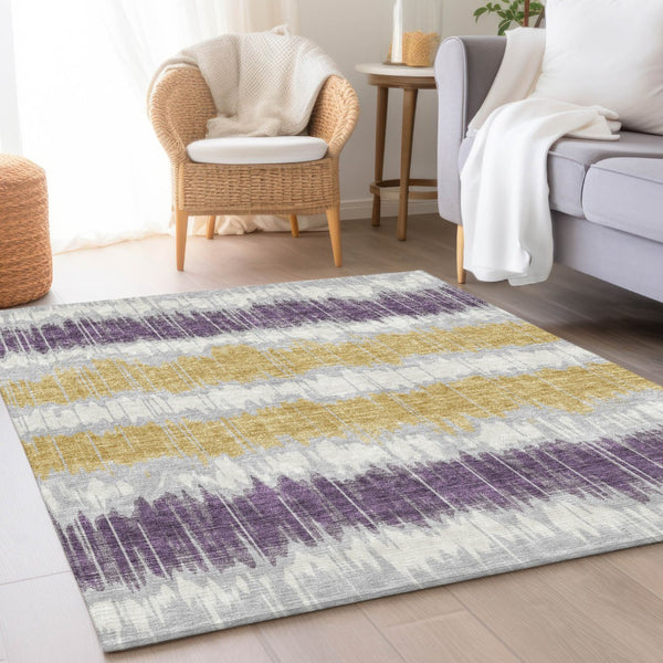 Homeroots 3' Artichoke Green And Ivory Striped Washable Area Rug - Perfect For Indoor And Outdoor Spaces! 5' X 8' Polyester 585161