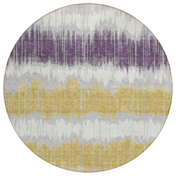 HomeRoots 5' Stylish Silver Ivory and Purple Striped Area Rug - Durable, Washable, Indoor Outdoor Decor Accessory 8' Round 585162