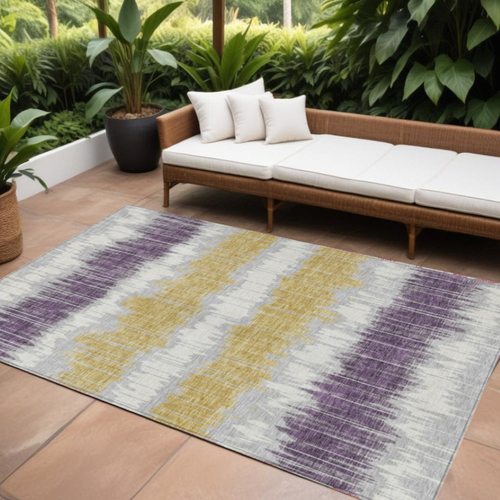 HomeRoots 9' Stylish Silver Ivory and Purple Striped Washable Area Rug for Indoor and Outdoor Spaces 9' X 12' 585164