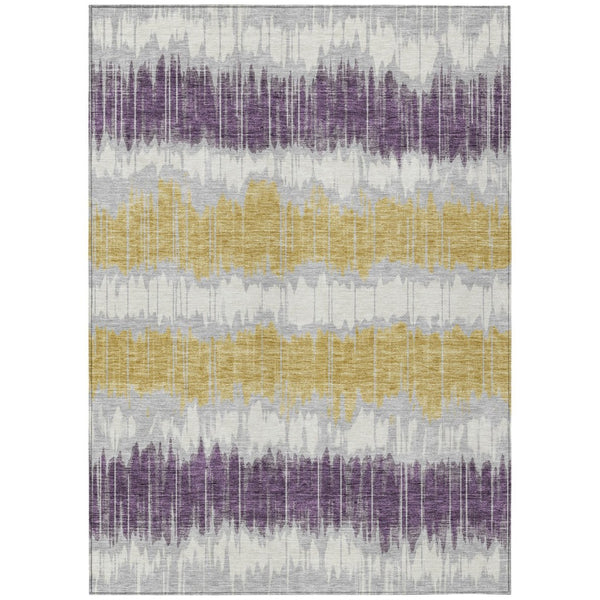 HomeRoots 9' Stylish Silver Ivory and Purple Striped Washable Area Rug for Indoor and Outdoor Spaces 9' X 12' 585164